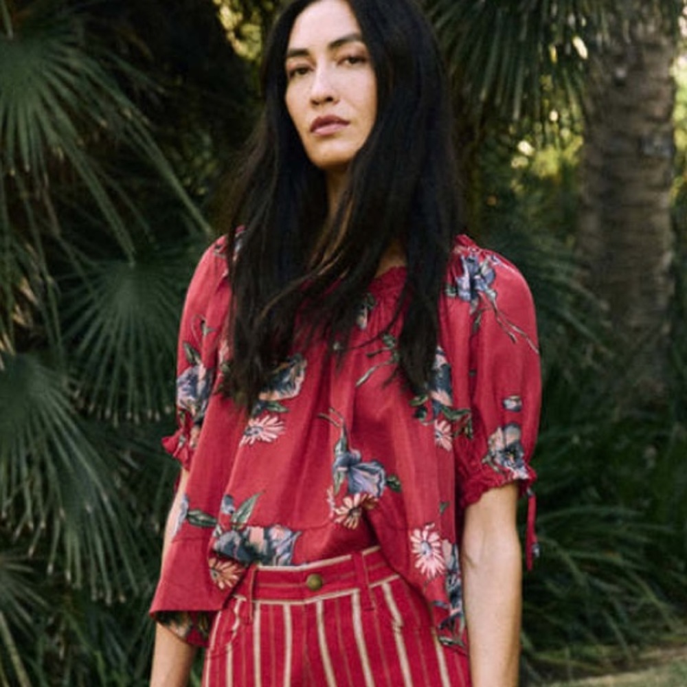 THE GREAT. Red Floral Puff-Sleeve silk Blouse - Picture 3 of 10